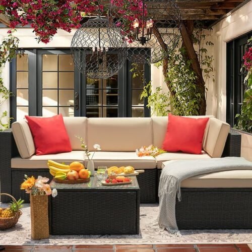 LACOO 5 Pieces Patio Sectional Set PE Rattan Outdoor All-Weather Wicker